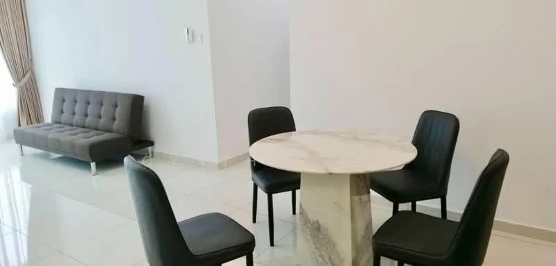 Dining features: round marble dining table, 4 black upholstered dining chairs, grey fabric sofa bed, white painted walls, glossy tile flooring, floor-to-ceiling windows with sheer curtains; style: modern.