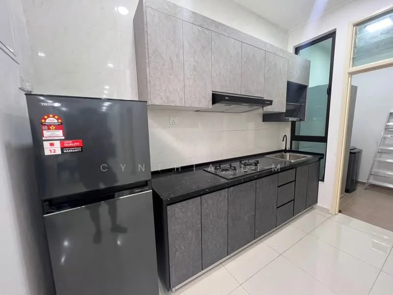 Kitchen features: grey laminate cabinetry, black countertop, single-bowl stainless-steel sink, chrome pull-down faucet, 4-burner gas hob, built-in range hood, stainless-steel fridge, white tiled walls, glossy white floor tiles, window with black frame, recessed lighting; style: modern.