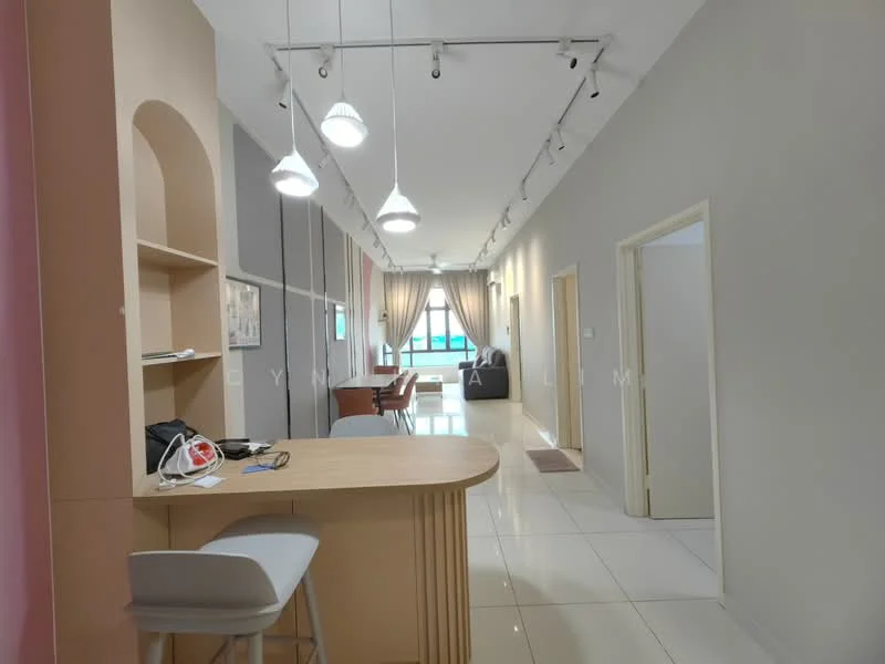 Room features: white painted walls, grey accent wall, glossy tile flooring, recessed downlights, track lighting, bar counter with stools, open layout, large windows with curtains, sofa visible in the background, doorways leading to other rooms; style: modern.