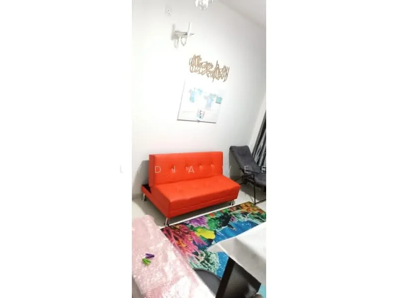 Living features: orange fabric sofa, decorative wall art, multicolored area rug, white walls, ceiling light fixture, small side chair, glass coffee table; style: modern.