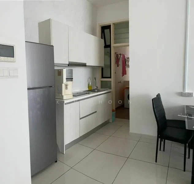Kitchen features: white cabinetry, stainless-steel fridge, built-in oven, single-bowl stainless-steel sink, chrome pull-down faucet, ceramic tile flooring, white walls, window with sheer curtains, countertop with space for appliances, dining table with black chairs; style: modern.