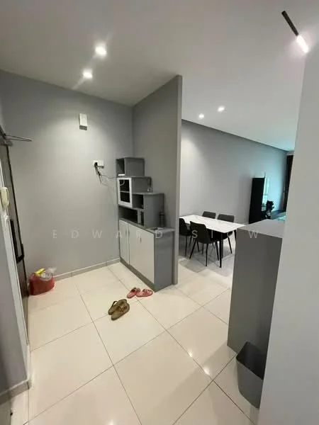 Kitchen features: grey painted walls, white cabinetry, microwave, built-in oven, stainless-steel fridge, ceramic tile flooring, recessed downlights, countertop with storage, open layout to dining area; style: modern. Dining features: 6-seater dining table, black dining chairs, ceramic tile flooring; style: modern.
