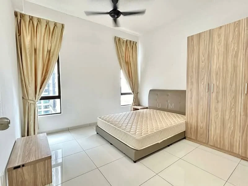 Bedroom features: queen-size bed with upholstered headboard, beige mattress, wooden wardrobe with sliding doors, 2 windows with sheer curtains, white painted walls, white ceiling, ceiling fan, glossy tile flooring; style: modern; view: city.