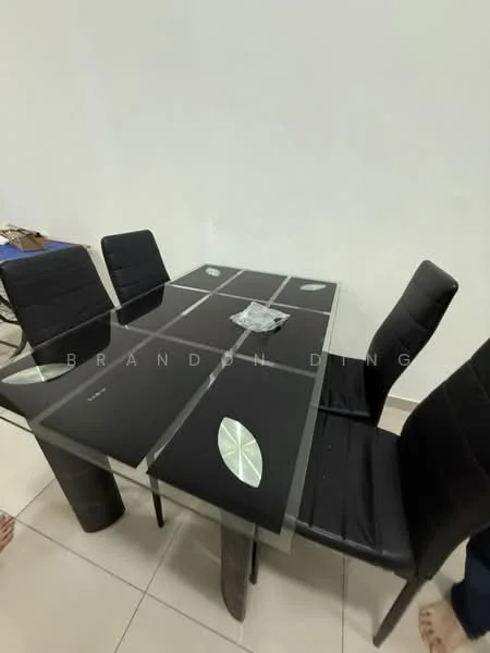 Dining features: glass dining table with black accents, six black leather dining chairs, tile flooring, white painted walls, decorative centerpiece on table; style: modern.