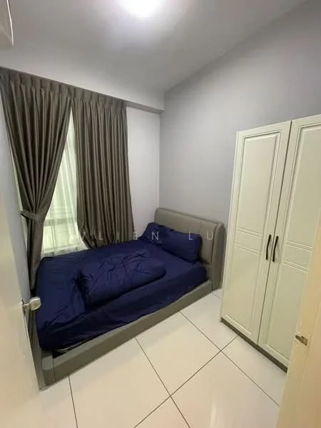 Bedroom features: queen-size bed with grey upholstered headboard, blue bedding, white wardrobe with sliding doors, floor-to-ceiling window with sheer curtains, grey curtains, white tiled flooring, recessed ceiling lights, neutral painted walls; style: modern.