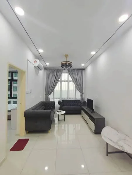 Living features: grey fabric 3-seater sofa, grey fabric 2-seater sofa, white marble coffee table, TV console with storage, wall-mounted TV, recessed LED downlights, chandelier, floor-to-ceiling windows with sheer curtains, cream painted walls, glossy tile flooring, wall-mounted split AC; style: modern.
