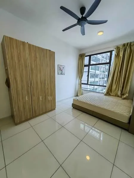 Bedroom features: queen-size bed, upholstered headboard, built-in wardrobe with wood finish, floor-to-ceiling window, sheer curtains, white painted walls, white ceiling, ceiling fan with 3 blades, tile flooring, area rug, decorative wall art; style: modern; view: city.