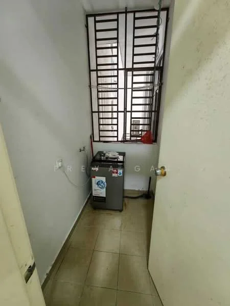 Laundry features: washing machine, tile flooring, white painted walls, window with metal grille, light fixture, drainage pipe, power outlet.
