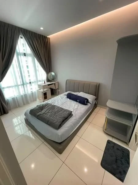 Bedroom features: queen-size bed, upholstered headboard, grey bedding, decorative throw pillow, floor-to-ceiling windows, sheer curtains, grey accent wall, white tiled flooring, built-in wardrobe, side table, mirror on side table, area rug; style: modern.
