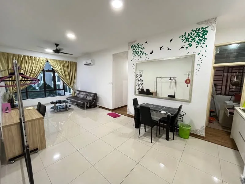 Living features: white painted walls, cream ceiling, 5-blade ceiling fan with light, floor-to-ceiling windows, grey leather sofa, wooden coffee table, area rug, decorative mirror, black dining table with four chairs, wooden study desk, green plant pot, curtains, tile flooring; style: modern; view: garden.