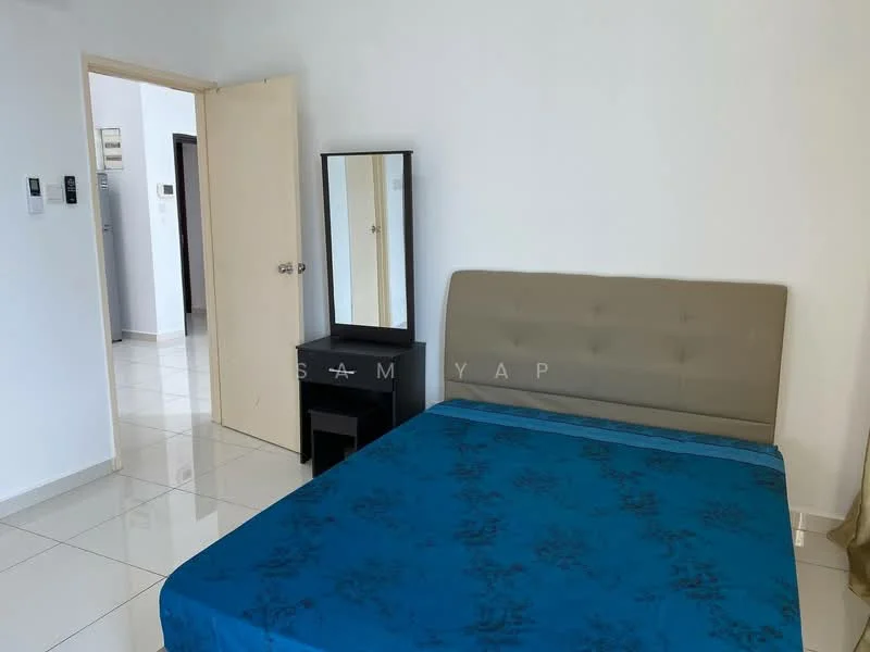 Bedroom features: queen-size bed with blue bedspread, upholstered headboard in beige, mirror on dresser, black bedside table, white painted walls, glossy tile flooring, curtains, door leading to hallway; style: modern.