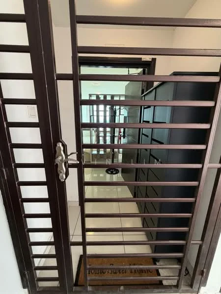 Room features: metal security gate, white walls, tile flooring, door mat, visible hallway, built-in cabinets, light fixture; style: modern.