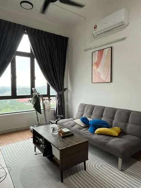 Living features: grey fabric sofa, wood coffee table, area rug with geometric pattern, floor-to-ceiling windows, blackout curtains, wall-mounted air conditioning unit, framed artwork on wall, decorative throw pillows; style: modern; view: city.
