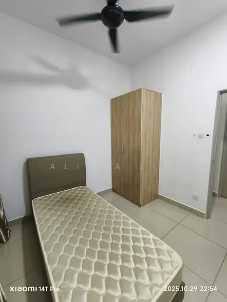 Bedroom features: single bed with mattress, wooden wardrobe with two doors, cream-colored walls, tile flooring, ceiling fan, window with no visible treatment, light switch on wall; style: minimalist.