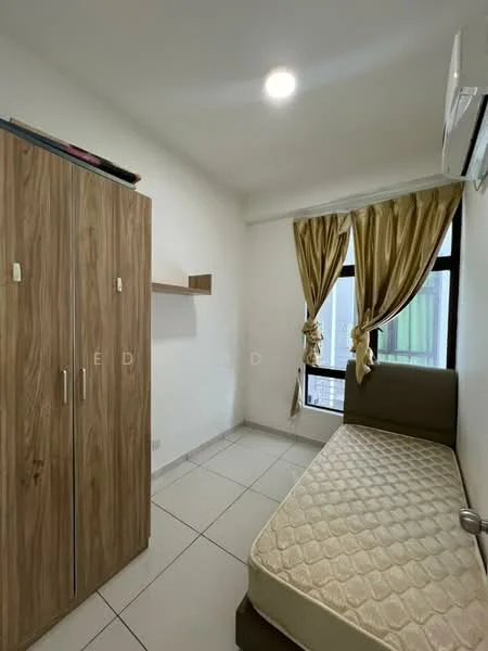 Bedroom features: single bed, mattress on bed frame, wooden wardrobe with two doors, shelf mounted on wall, curtains in beige, floor-to-ceiling window, white painted walls, tile flooring, wall-mounted air conditioning unit, LED ceiling light; style: modern.