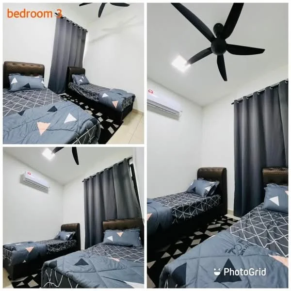 Bedroom features: two single beds with patterned bedding, black upholstered headboard, black and white geometric area rug, dark grey curtains, wall-mounted split AC unit, ceiling fan with 5 blades, white painted walls, tile flooring; style: modern.