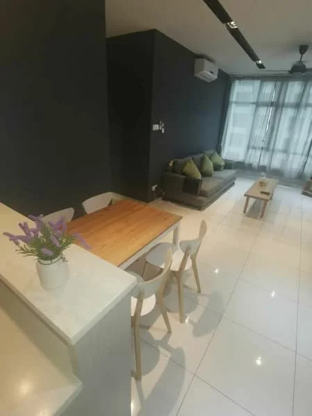 Living features: grey accent wall, white tiled flooring, 5-blade ceiling fan, wall-mounted split AC, sofa with green cushions, coffee table, area rug, floor-to-ceiling windows with sheer curtains; style: modern. Dining features: wood dining table, 4 wooden dining chairs, decorative vase with flowers; style: modern.