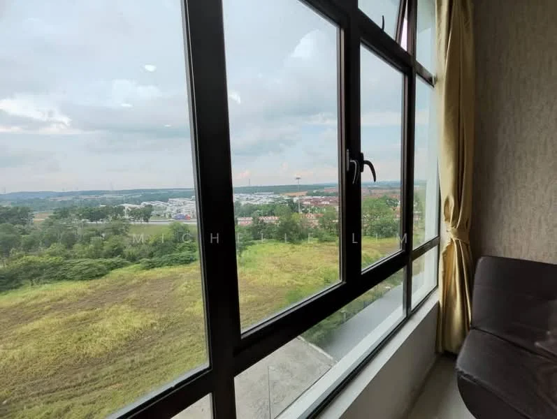 Room features: large floor-to-ceiling windows, curtains, view of greenery, view of urban area, grey wall, corner sofa; view: garden.
