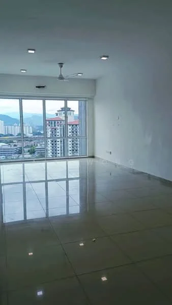 Living features: white painted walls, polished ceramic tile flooring, 5-blade ceiling fan with light, floor-to-ceiling windows, city view, recessed downlights; style: modern; view: city.