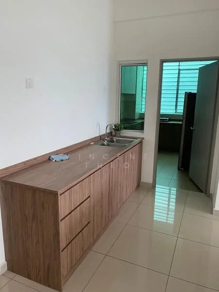 Kitchen features: wood cabinetry, single-bowl stainless-steel sink, chrome pull-down faucet, countertop with wood finish, ceramic tile flooring, white walls, window with horizontal blinds, built-in refrigerator visible through doorway; style: modern.