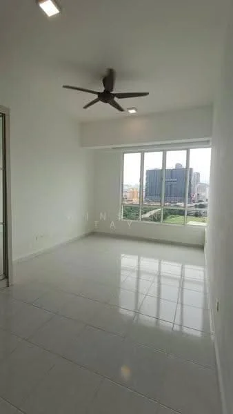 Room features: white painted walls, glossy ceramic tile flooring, 5-blade ceiling fan, floor-to-ceiling windows, city view, natural light from windows, neutral color scheme, no visible furniture; style: modern; view: city.