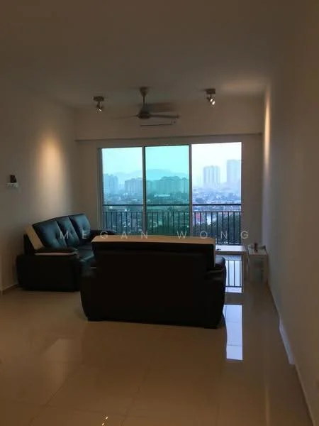 Living features: 3-seater fabric sofa in dark brown, 2-seater leather sofa in black, floor-to-ceiling windows, city view, white painted walls, recessed LED downlights, ceiling fan, glossy tile flooring, coffee table, TV console, area rug; style: modern; view: city.