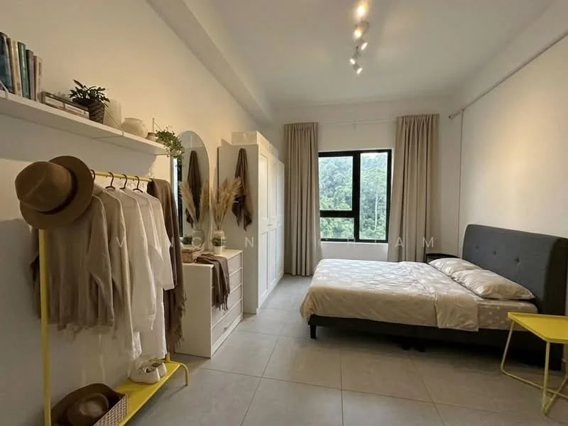 Bedroom features: queen-size bed with light bedding, upholstered headboard in grey, white painted walls, light grey floor tiles, floor-to-ceiling window with view of greenery, curtains in light beige, built-in wardrobe with sliding doors, open shelving with books and decor, yellow side table, clothing rack with hanging clothes, decorative plants; style: modern; view: garden.