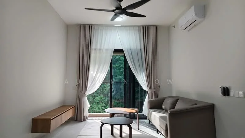 Living features: 5-blade ceiling fan with light, floor-to-ceiling windows, sheer curtains, light-coloured walls, light-coloured flooring, sofa in light grey, wooden coffee table, wooden console table, air conditioning unit on wall; style: modern; view: garden.