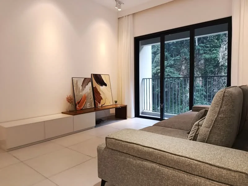 Living features: grey fabric sectional sofa, wooden TV console, two framed artworks, floor-to-ceiling windows, sliding glass door, white painted walls, recessed downlights, light-colored tile flooring, curtains, balcony view; style: modern; view: garden.