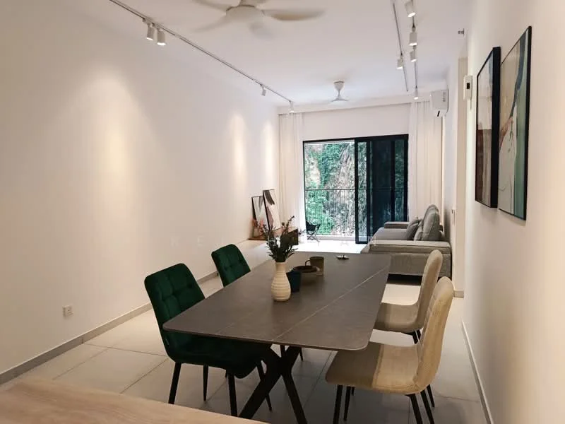 Dining features: rectangular dining table with grey surface, 4 upholstered dining chairs in green and cream, white painted walls, recessed downlights, floor-to-ceiling sliding glass door, curtains, tile flooring, decorative vase with flowers; style: modern; view: garden. Living features: sofa in light grey fabric, coffee table, wall-mounted artwork, floor-to-ceiling windows, natural light, greenery view; style: modern; view: garden.