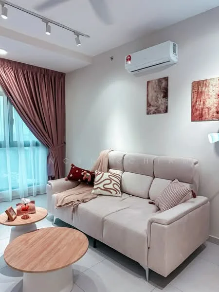 Living features: light grey fabric sofa, wooden coffee table, decorative cushions, wall-mounted air conditioning unit, curtains in light pink, framed artwork on walls, recessed ceiling lights, white painted walls, tile flooring; style: modern.