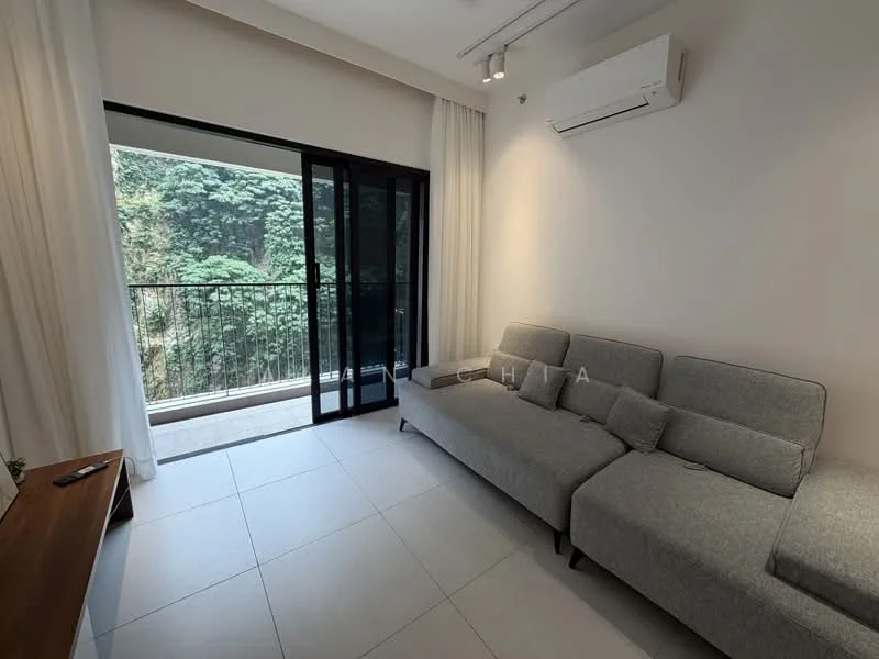 Living features: grey fabric sectional sofa, floor-to-ceiling sliding glass door, white walls, recessed downlights, air conditioning unit, light-colored tile flooring, curtains, balcony view of greenery; style: modern; view: garden.