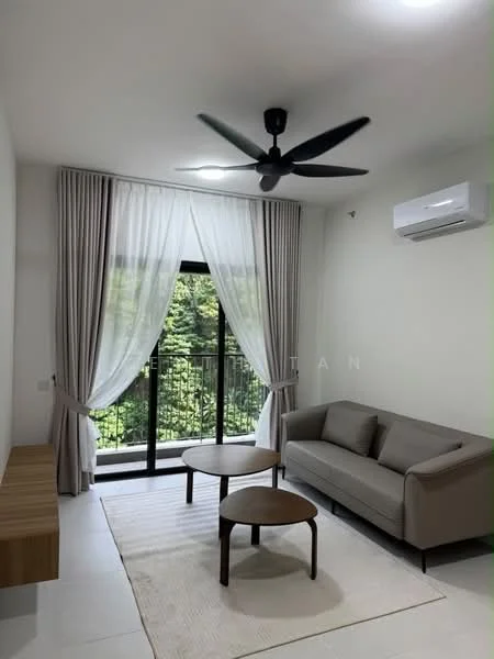 Living features: 3-seater fabric sofa in light grey, round wooden coffee table, ceiling fan with 5 blades, floor-to-ceiling windows, sheer curtains, blackout curtains, wall-mounted air conditioning unit, light-colored wall, light-colored flooring, decorative area rug; style: modern; view: garden.