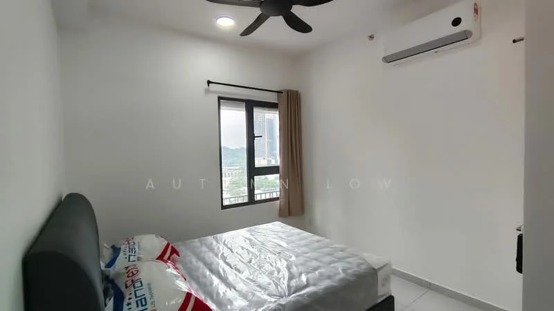Bedroom features: queen-size bed, upholstered headboard, 2 pillows, white bedding, floor-to-ceiling window, curtains, wall-mounted split AC, ceiling fan, white painted walls, tile flooring; style: modern; view: city.