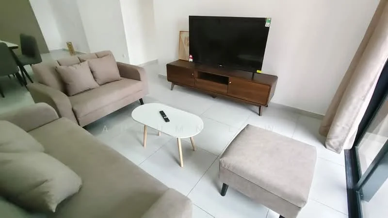 Living features: 3-seater fabric sofa in light grey, 2-seater fabric sofa in light grey, coffee table with white top and wooden legs, TV console in dark wood, wall-mounted flat-screen TV, light-coloured tiled flooring, floor-to-ceiling windows, sheer curtains, decorative wall art, remote control on coffee table; style: modern.