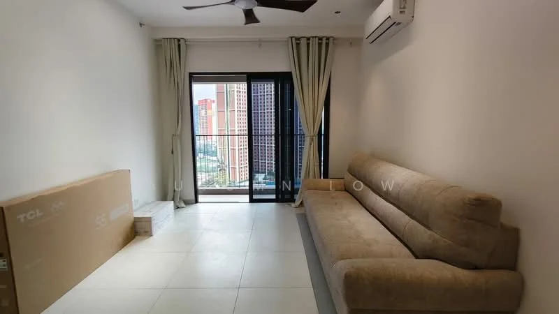Living features: beige fabric sofa, floor-to-ceiling windows, sliding glass door, white painted walls, ceiling fan, light-colored tile flooring, curtains, box packaging, air conditioning unit; style: modern; view: city.