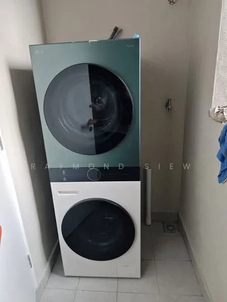 Laundry features: stacked washer and dryer, white appliance color, front-loading washer, front-loading dryer, tile flooring, neutral wall color, plumbing connection visible, ventilation duct; style: modern.
