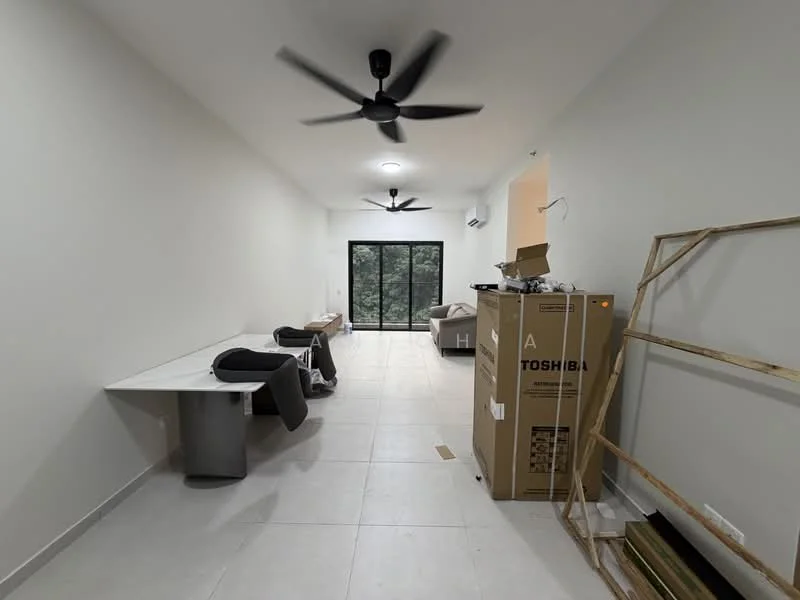 Living features: light grey painted walls, white ceiling, 2 ceiling fans, large sliding glass door, floor-to-ceiling windows, white tile flooring, dining table, black chairs, cardboard box, wooden frame, unpacked furniture; style: modern; view: garden.