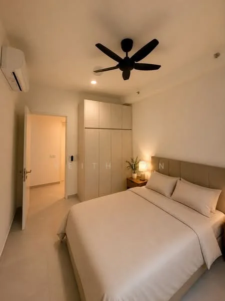 Bedroom features: queen-size bed with beige bedding, upholstered headboard, built-in wardrobe with sliding doors, 5-blade ceiling fan, wall-mounted air conditioning unit, neutral painted walls, tile flooring, decorative plant on bedside table, soft lighting from ceiling, doorway leading to hallway; style: modern.