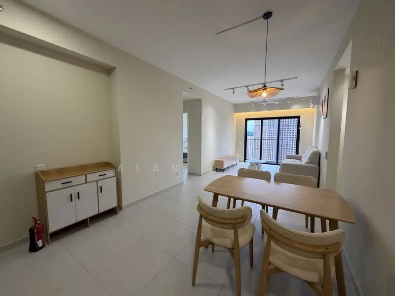 Living features: light grey walls, white tiled flooring, recessed downlights, pendant light fixture, floor-to-ceiling windows, sliding glass door, wooden dining table, two upholstered dining chairs, wooden sideboard, minimalist decor, open layout, natural light from windows; style: modern; view: city.