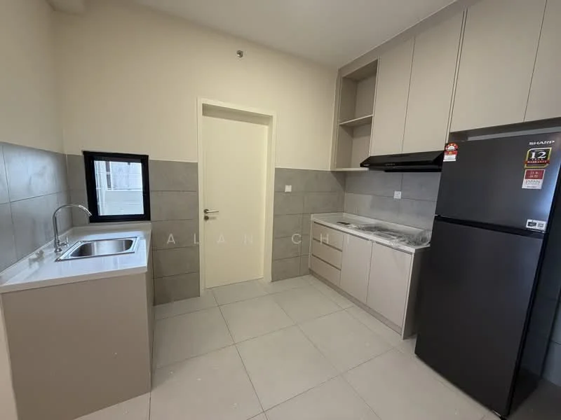 Kitchen features: single-bowl stainless-steel sink, chrome pull-down faucet, grey laminate countertop, white upper cabinets, grey lower cabinets, built-in oven, freestanding range oven, stainless-steel fridge, ceramic tile flooring, white painted walls, window with black frame, exhaust hood; style: modern.