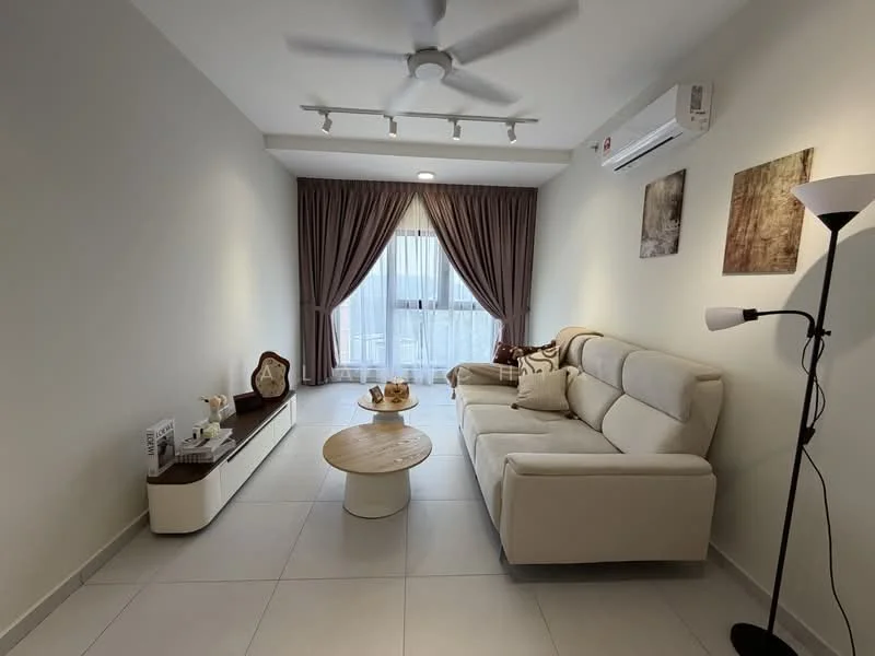 Living features: 3-seater fabric sofa in white, round wooden coffee table, TV console with storage, floor lamp, wall-mounted air conditioning unit, recessed ceiling lights, curtains in beige, light-colored tiled flooring, decorative wall art; style: modern.