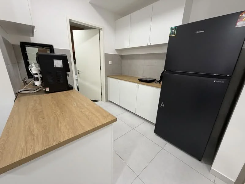 Kitchen features: white cabinetry, wooden countertop, black refrigerator, built-in microwave, ceramic tile flooring, grey tiled backsplash, single-bowl stainless-steel sink, chrome pull-down faucet, wall-mounted kitchen cabinet, open shelving, kitchen appliances, door to hallway; style: modern.