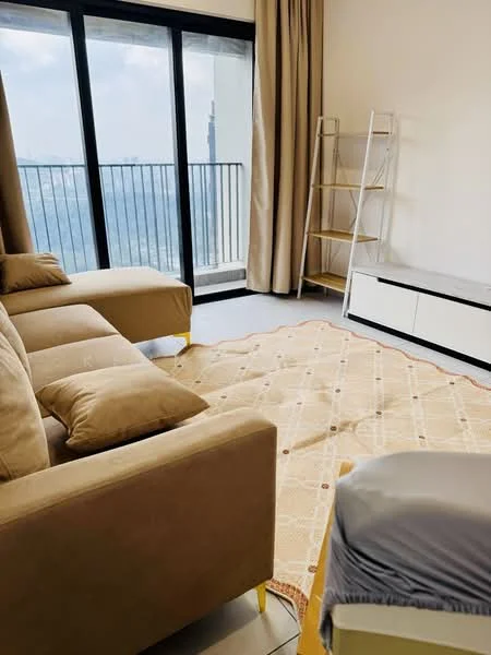 Living features: beige fabric L-shape sectional sofa, area rug with geometric pattern, white TV console, floor-to-ceiling windows, curtains, open shelving unit, light-colored walls, tile flooring; style: modern; view: city.