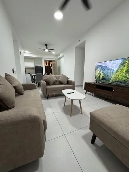 Living features: 3-seater fabric sofa in beige, 2-seater fabric sofa in beige, coffee table with white top and wooden legs, wall-mounted TV, TV console in dark wood, ceiling fan, recessed downlights, tile flooring in light grey, neutral painted walls, decorative cushions on sofas, area rug, open layout to kitchen; style: modern.