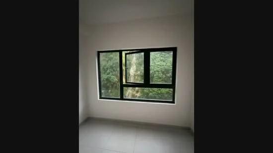 Room features: white painted walls, grey tile flooring, black framed windows, view of greenery; view: garden.