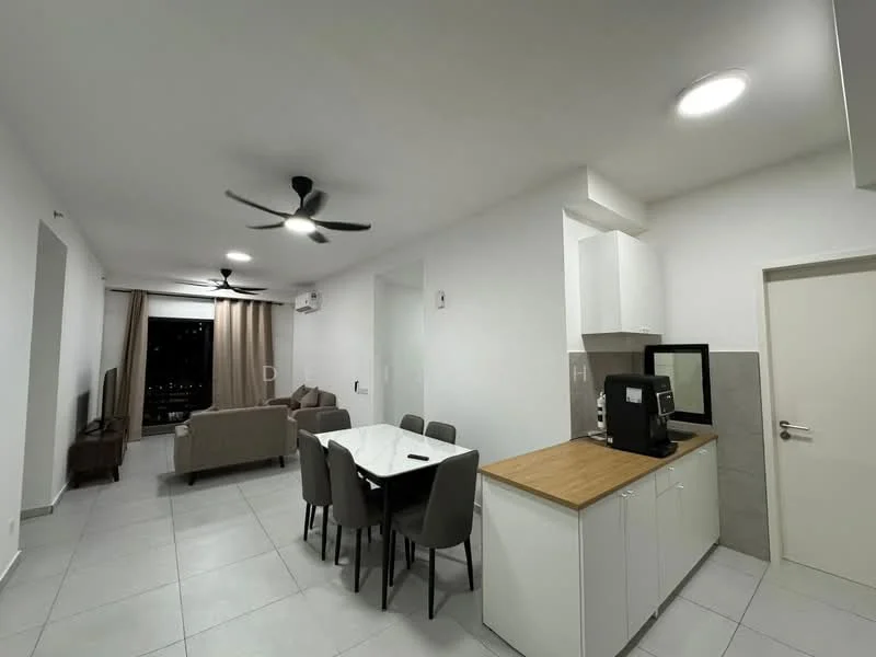 Living features: white painted walls, tile flooring, 5-blade ceiling fan with light, 2-seater fabric sofa in beige, 4-seater dining table, grey upholstered dining chairs, TV console, wall-mounted TV, air conditioning unit, large window with city view, kitchenette with white cabinetry, wood countertop, microwave, coffee machine; style: modern; view: city.