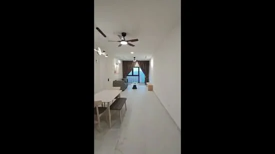 Living features: white painted walls, marble tile flooring, 5-blade ceiling fan with light, floor-to-ceiling windows, sheer curtains, sofa in grey, dining table with chairs, decorative wall light; style: modern; view: city.