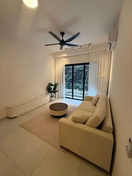 Living features: 3-seater fabric sofa in beige, round coffee table, TV console, floor-to-ceiling windows, sheer curtains, 5-blade ceiling fan with light, area rug, decorative plant in ceramic pot, recessed downlights, light-colored walls, tile flooring; style: modern; view: garden.