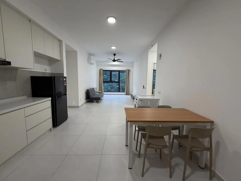 Living features: white painted walls, light grey tiled flooring, 5-blade ceiling fan with light, floor-to-ceiling windows, curtains, sofa in grey fabric, dining table with wooden top, 4 dining chairs, black refrigerator, air conditioning unit; style: modern; view: garden.